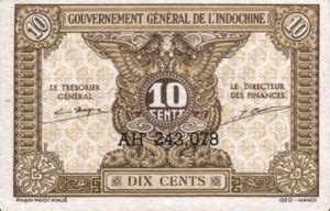 Banknote 10 Cents French Indochina 1942 ND Issue Wor P 89a