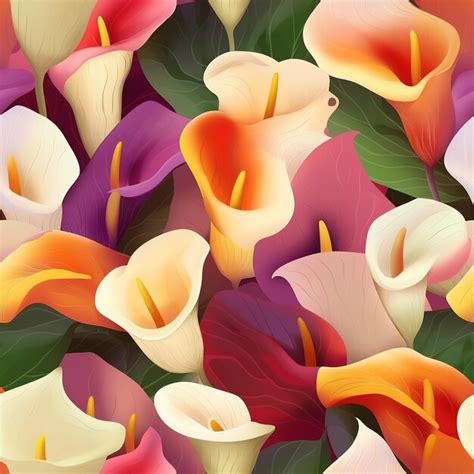 Premium Photo | A pattern of orange, pink, and yellow calla lilies.