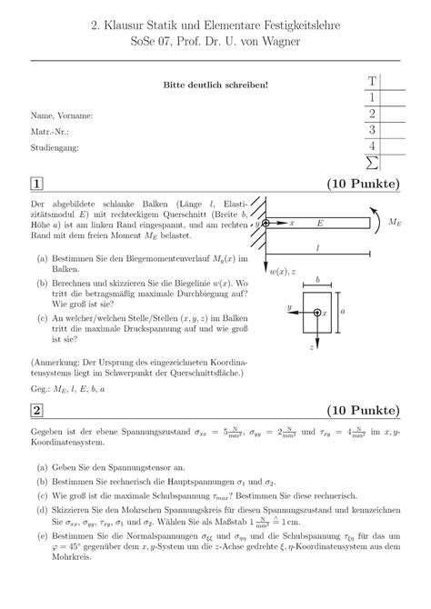 Klausur So Se Klausur Statik Und Elementare Festigkeitslehre