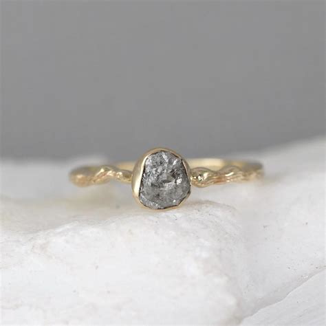 Raw Diamond Twig Engagement Ring - 14K Yellow Gold Branch Rings - Uncut Rough Diamond Rings ...