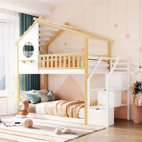 House Bunk Bed with Stairs Twin Over Twin Low Bunk Beds with Storage ...