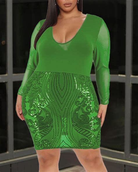 Plus Size Long Sleeve Contrast Sequin Party Dress