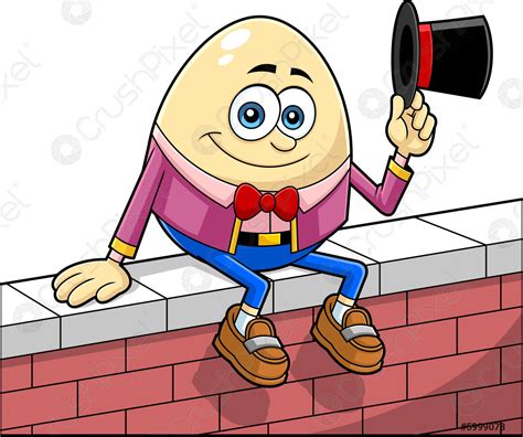 Humpty Dumpty Egg Cartoon Character Sitting On Wall Waving Hat Stock