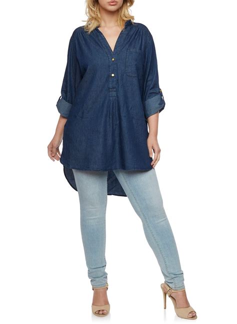 Plus Size High Low Denim Tunic Top Navy  Denim Tunic Top Tunic Tops Denim Tunic