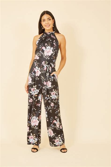 Yumi Black Floral Satin Halter Neck Jumpsuit Yumi