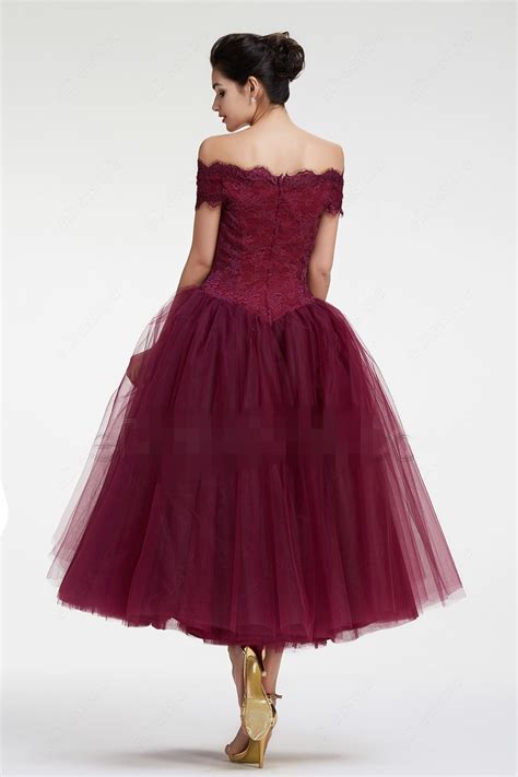 Tea Length Ball Gown Off Shoulder Sleeves Burgundy Tulle Prom Dress