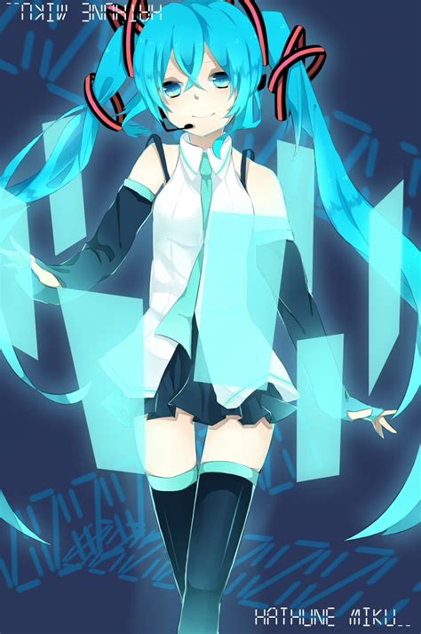 Safebooru Aqua Eyes Aqua Hair Detached Sleeves Hatsune Miku Headset Long Hair Smile Solo Thigh