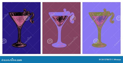 Set Colored Hand Drawn Sketch Cosmopolitan Cocktail Drinks Vector