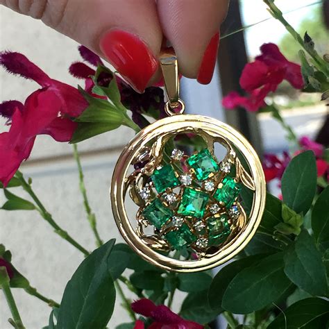 Fun And Funky Emerald And Diamond Cluster Pendant In 14k Gold From 1980