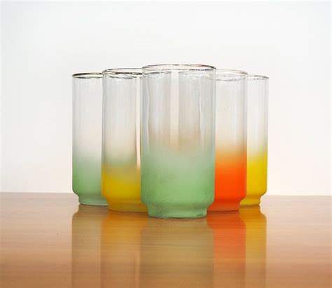 Set Of 6 Vintage Libbey Satin Tumblers Orange Green Yellow Etsy Libbey Vintage Art Glass