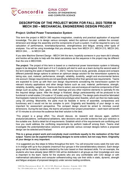 Project Description - DESCRIPTION OF THE PROJECT WORK FOR FALL 2023 TERM IN MECH 390 ...