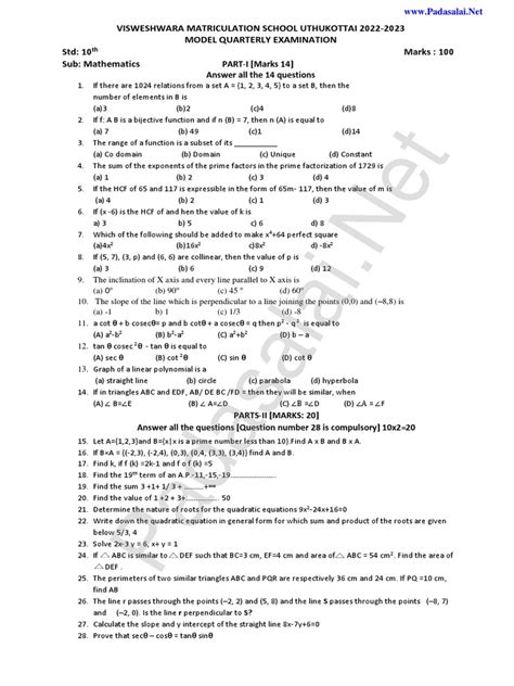 10th Maths Quarterly Exam Model Question Paper 2022 English Medium Pdf Download Pdf