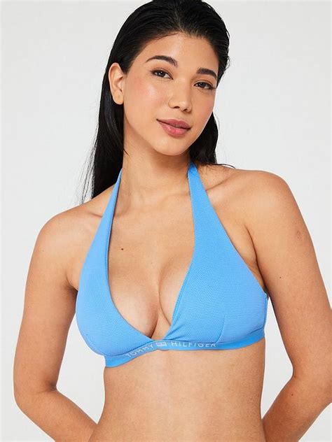 Tommy Hilfiger Tonal Logo Halter Bikini Top Blue Uk