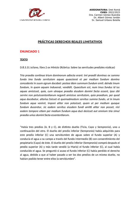 PRÃ Ctica 5 Derechos Reales Limitativos ASSIGNATURA Dret Romà CURS