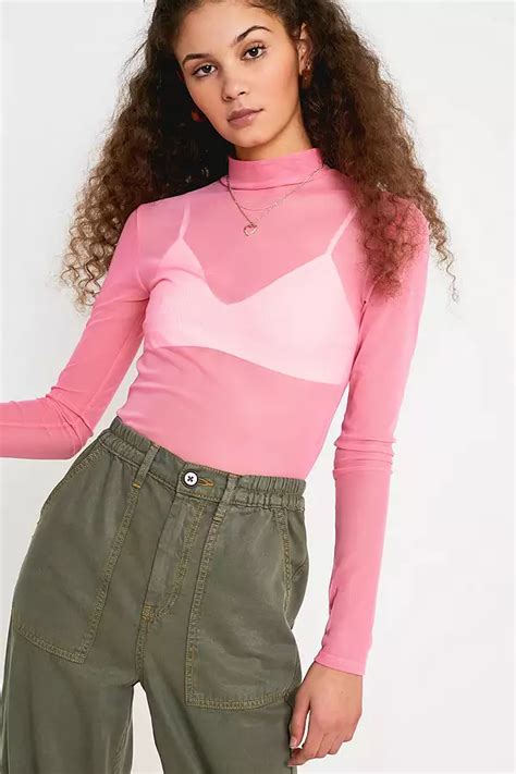 Uo Neon Long Sleeve Mesh Funnel Neck Top Urban Outfitters Uk