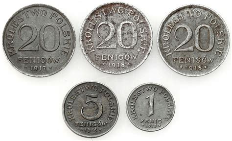 Królestwo Polskie 1 do 20 fenigów 1917 1918 F zestaw 5 sztuk