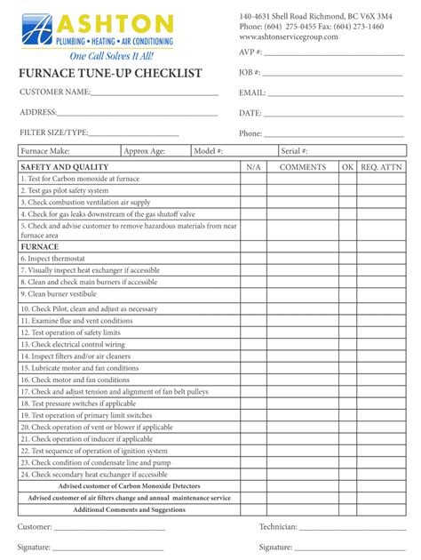 Furnace Tune Up Checklist Fill Online Printable Fillable Blank