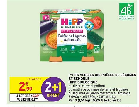 Promo P tits Veggies Bio Poêlée De Légumes Et Semoule Hipp Biologique