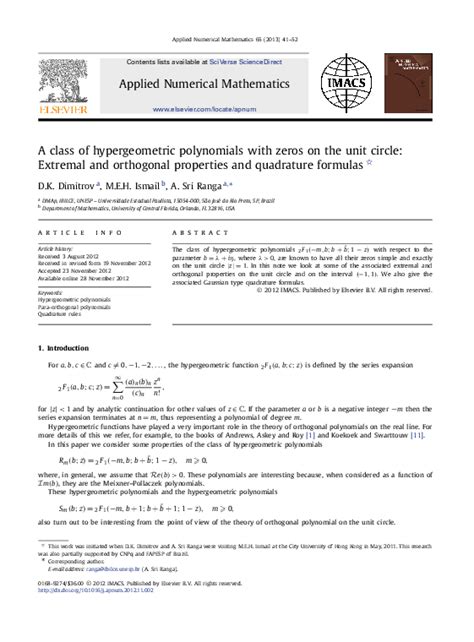 Pdf A Class Of Hypergeometric Polynomials With Zeros On The Unit Circle Extremal And