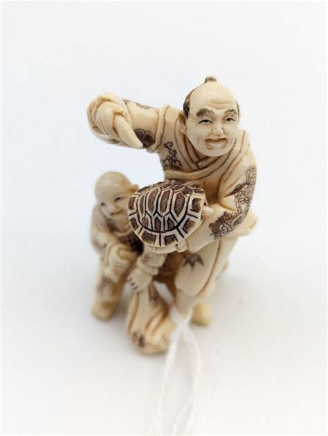 Japanese Ivory Netsuke Two Gents And Turtle Signed Figure Netsuke