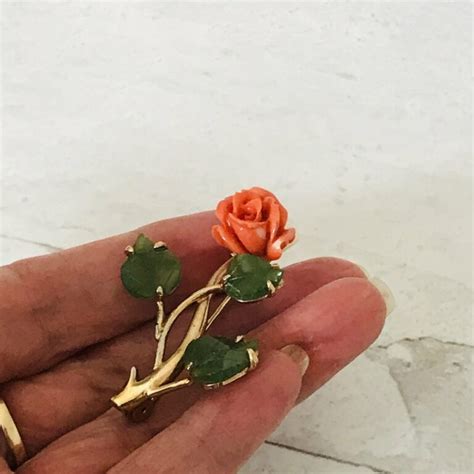 Carved Coral Rose With Jade Leaves Brooch Preadored Sustainable Luxury