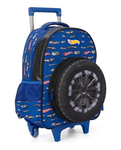Mochila Escolar De Rodinhas Hot Wheels Pneu Azul Carrinho Frete Gr Tis