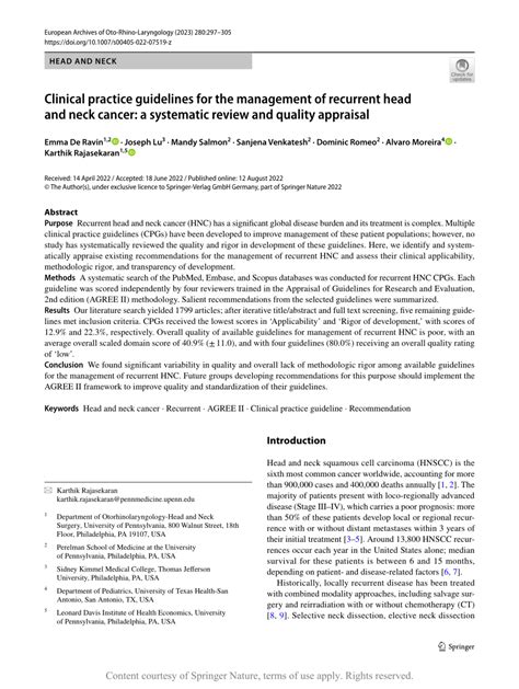 Clinical Practice Guidelines For The Management Of Recurrent Head And