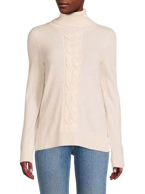 Womens Cable Knit Cashmere Turtleneck Sweater Ivory Ecosmetics