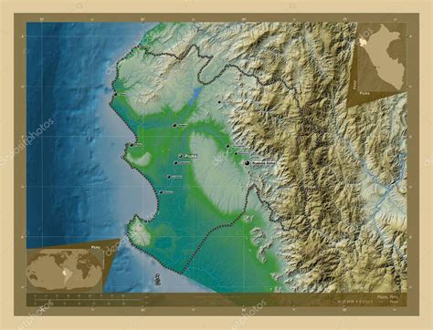 Piura Region Of Peru Colored Elevation Map With Lakes And Rivers