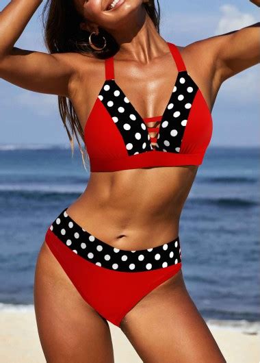 Patchwork Polka Dot Red Bikini Set Modlily USD 29 98