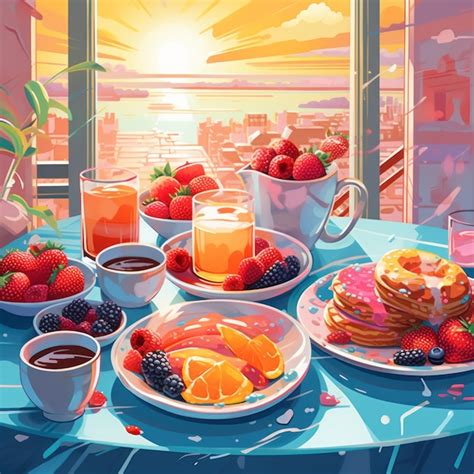 Beautiful Breakfast Table Illustration Colorful Hand Drawn Food And