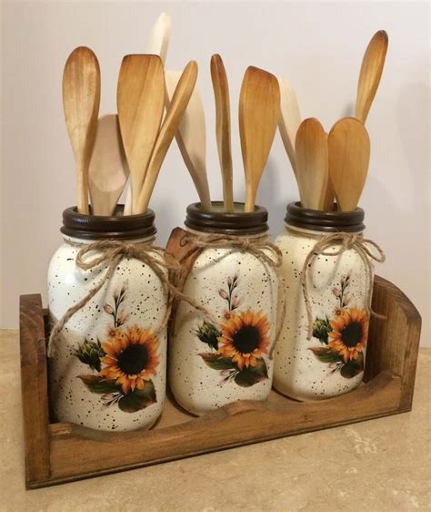 Rustic Sunflower Farmhouse Utensil Holder Mason Jars Homebnc