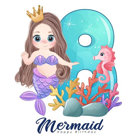 Cute Mermaid With Number Digital Clipart Etsy