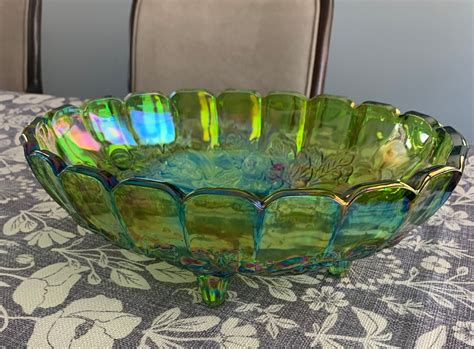 Vintage Large Heavy Green Carnival Indiana Glass Fruit Bowl Retro Iridescent Etsy