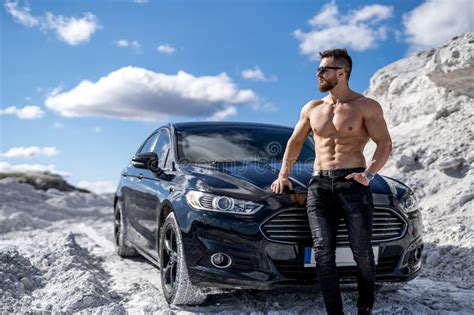 Shirtless Muscular Man With Car Naked Fit Macho With Torso Stock Image