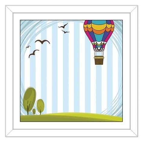 A Hot Air Balloon Flying In The Sky Over A Green Field With Trees And Birds