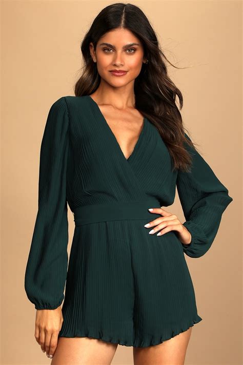 Dark Green Pleated Romper Long Sleeve Romper Belted Romper Lulus