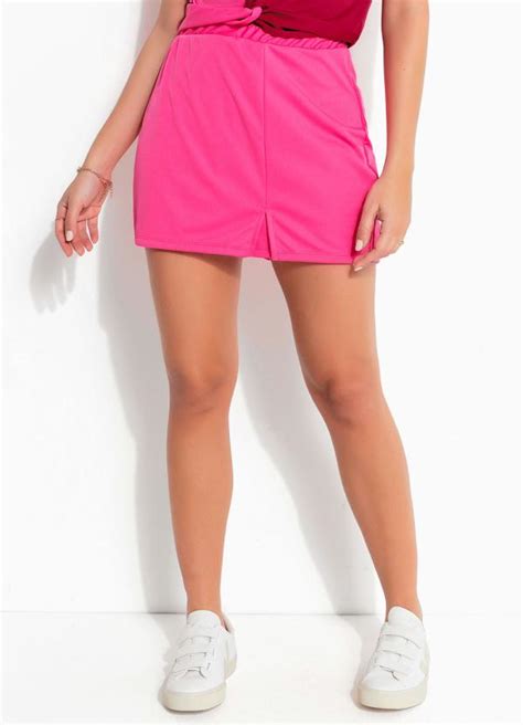 Short Saia Pink Fenda E El Stico Na Cintura Queima De Estoque