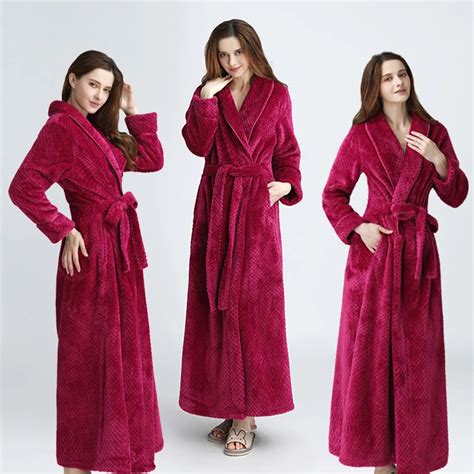 Women Men Extra Long Warm Dobby Coral Fleece Bathrobe Winter Thick Flannel Thermal Bath Robe