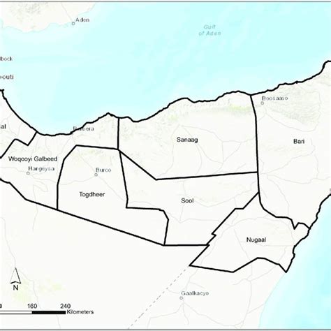 Map of the boundaries of administrative 1 districts in Somaliland and ...