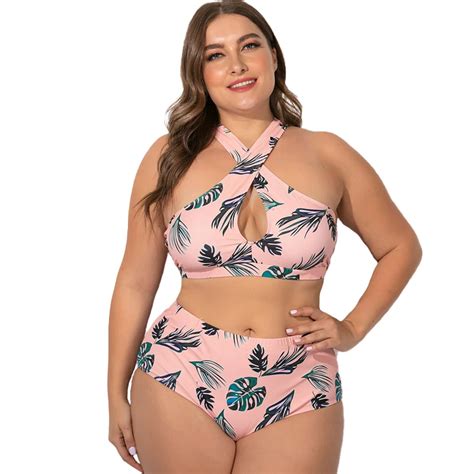 RIMIUT Plus Size Women Fat Bikini Set Sexy Cross Polyester Felmale Swimwear Plant Printed XL