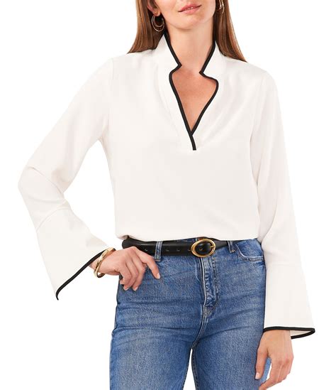 Vince Camuto Luxe Crepe De Chine V Neck Long Sleeve Split Cuff Contrasting Trim Tunic Blouse