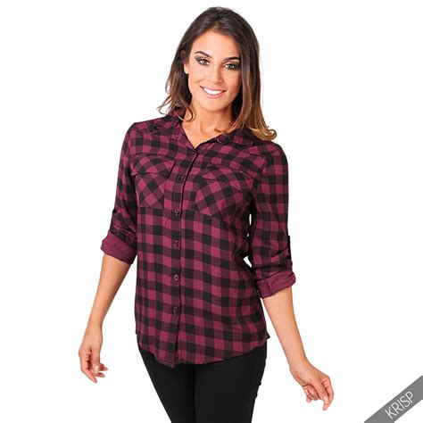 Womens Check Tartan Lumberjack Loose Fit Shirt Long Blouse Western Top