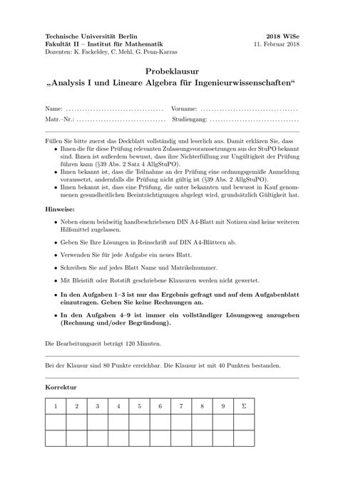 Probeklausur Wise Anai Lina F R Ingenieure Antworten Analysis I