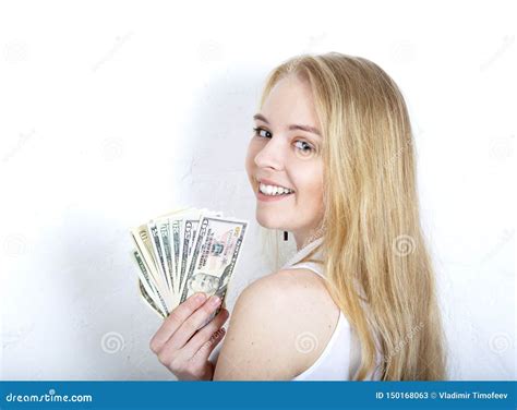 Head Shot Of Happy Smiling Woman Handing Cash Isolated On White Studio