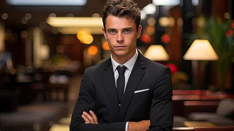 Premium AI Image Sophisticated Businessman In Luxurious Hotel Lobby