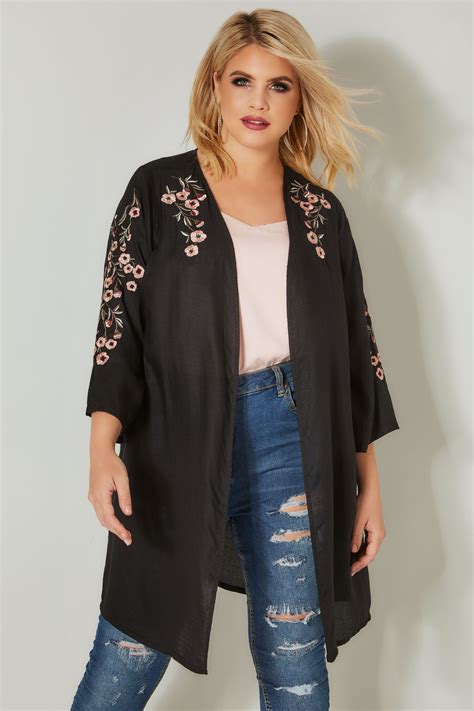 Black Textured Floral Embroidered Kimono, plus size 16 to 36