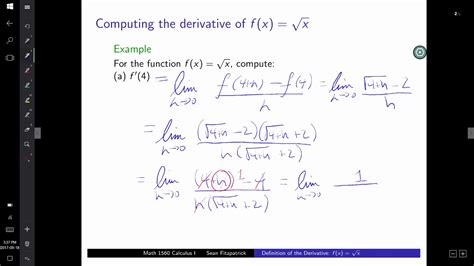 Definition Of The Derivative Square Root Youtube