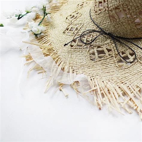 Summer Distressed Straw Hat With Wide Brim Woven Circle Fringe And