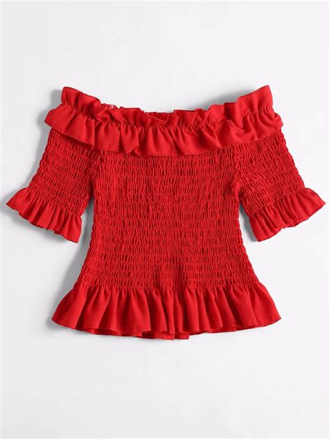 One Size Red Short Blouse With Ruffles Sexy Women Slash Neck Shirt